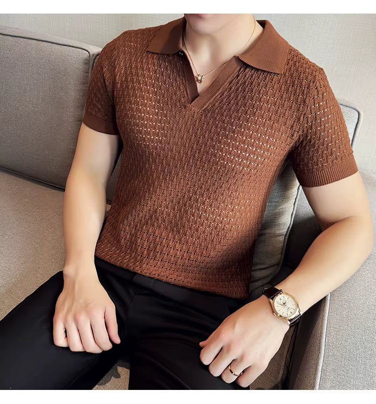 Pecan Brown Textured Knit Polo by Emporeo