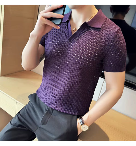 Deep Purple Textured Knit Polo by Emoporeo