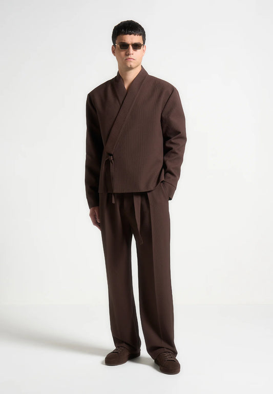 Brown Relaxed Fit Belted Tailored Trousers By Emporeo