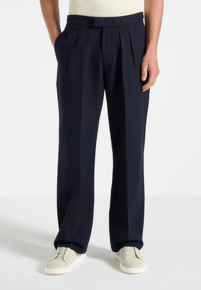Navy Blue  Relaxed Fit Two Pleated Tailored Trouser By Emporeo