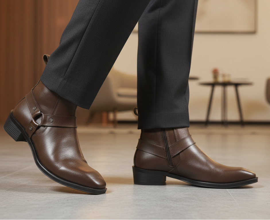 Emporeo Genuine Leather Harness Ankle Boots – Classic Brown