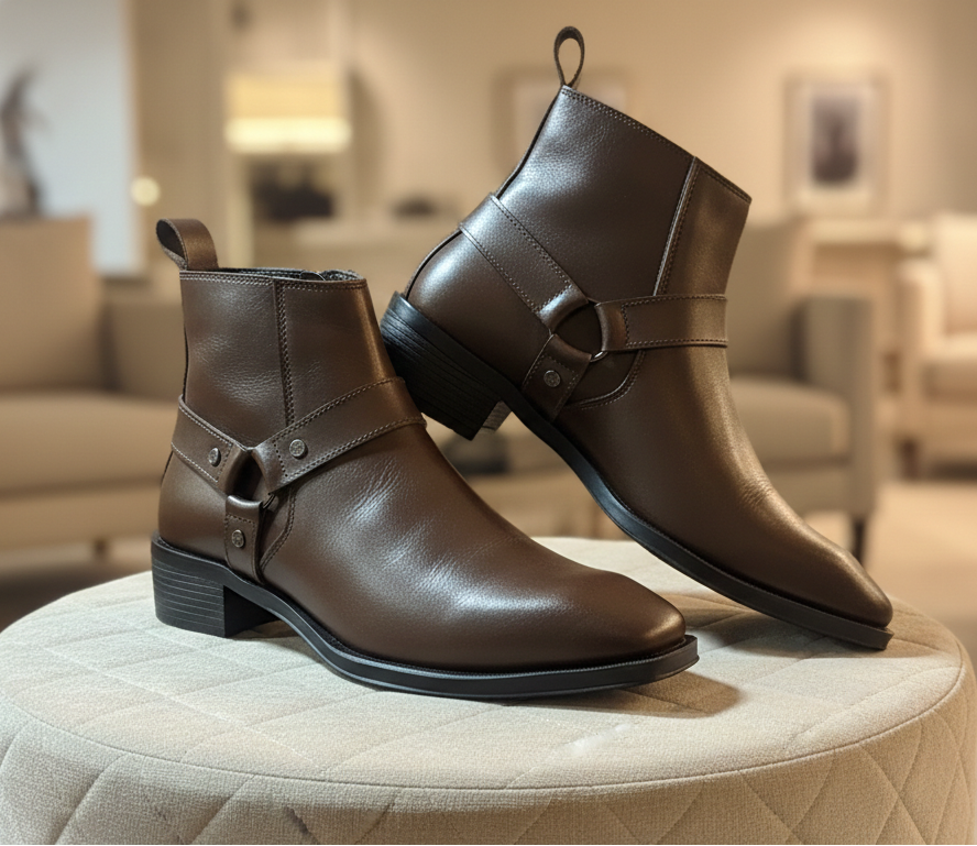 Emporeo Genuine Leather Harness Ankle Boots – Classic Brown