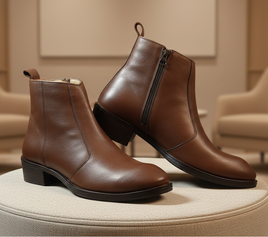 Emporeo Genuine Leather Zip Ankle Boots – Classic Brown