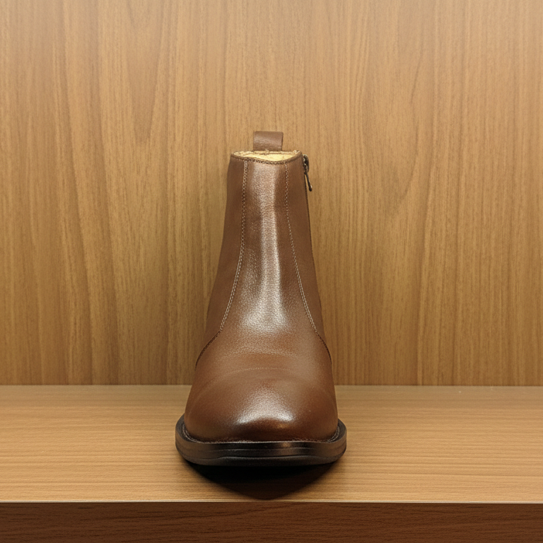 Brown leather boot on a wooden shelf with a wooden paneled background
