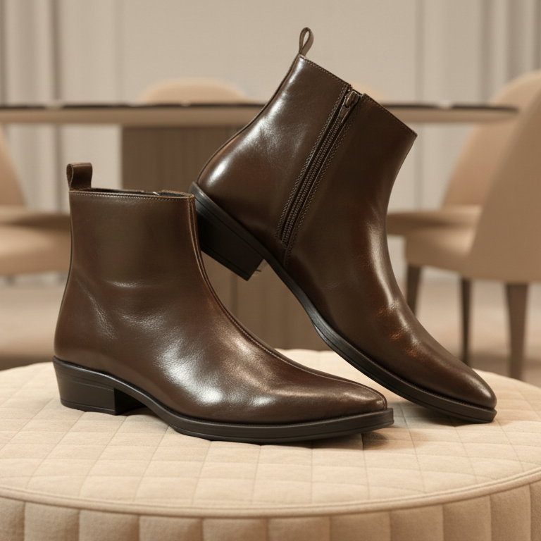 Emporeo Genuine Leather Zip Ankle Boots – Dark Brown