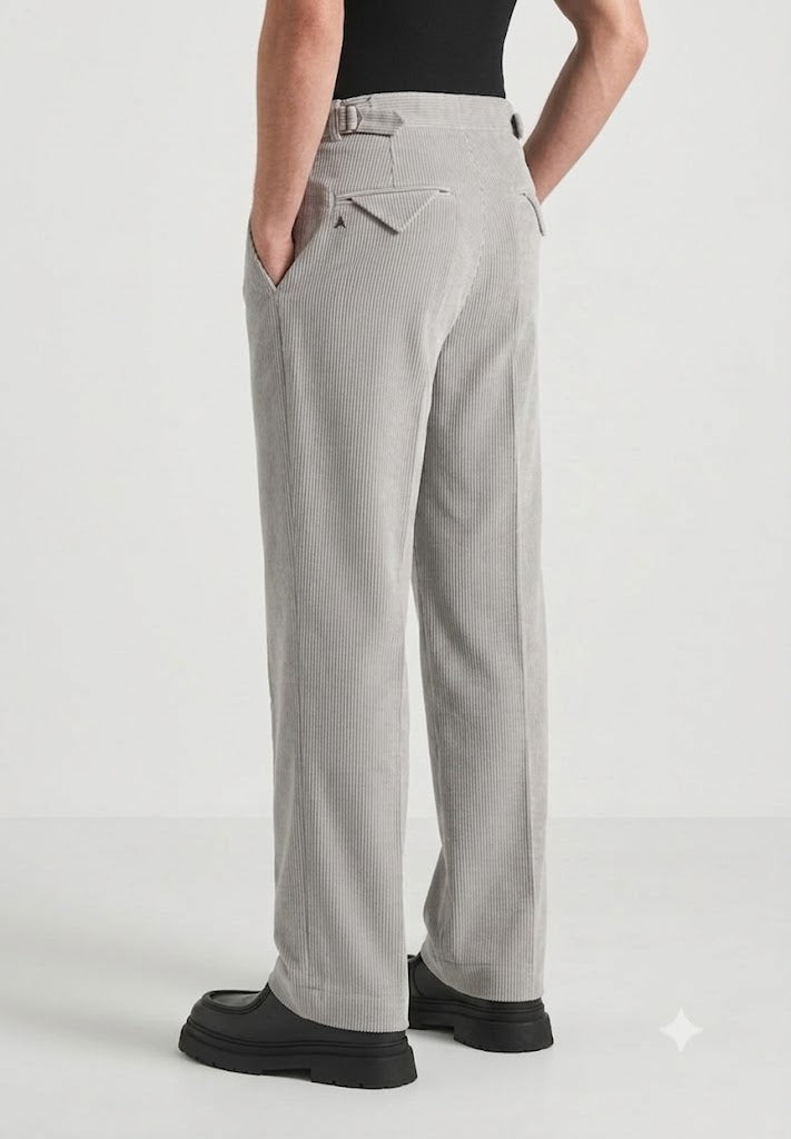 Light Grey Two Pleated Relaxed Fit Corduroy Trouser by Emporeo