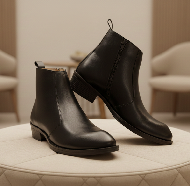 Emporeo Genuine Leather Zip Ankle Boots – Black