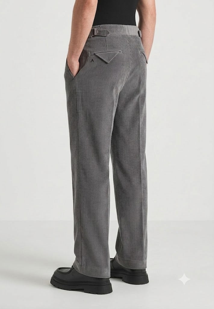 Dark Grey Two Pleated Relaxed Fit Corduroy Trouser by Emporeo
