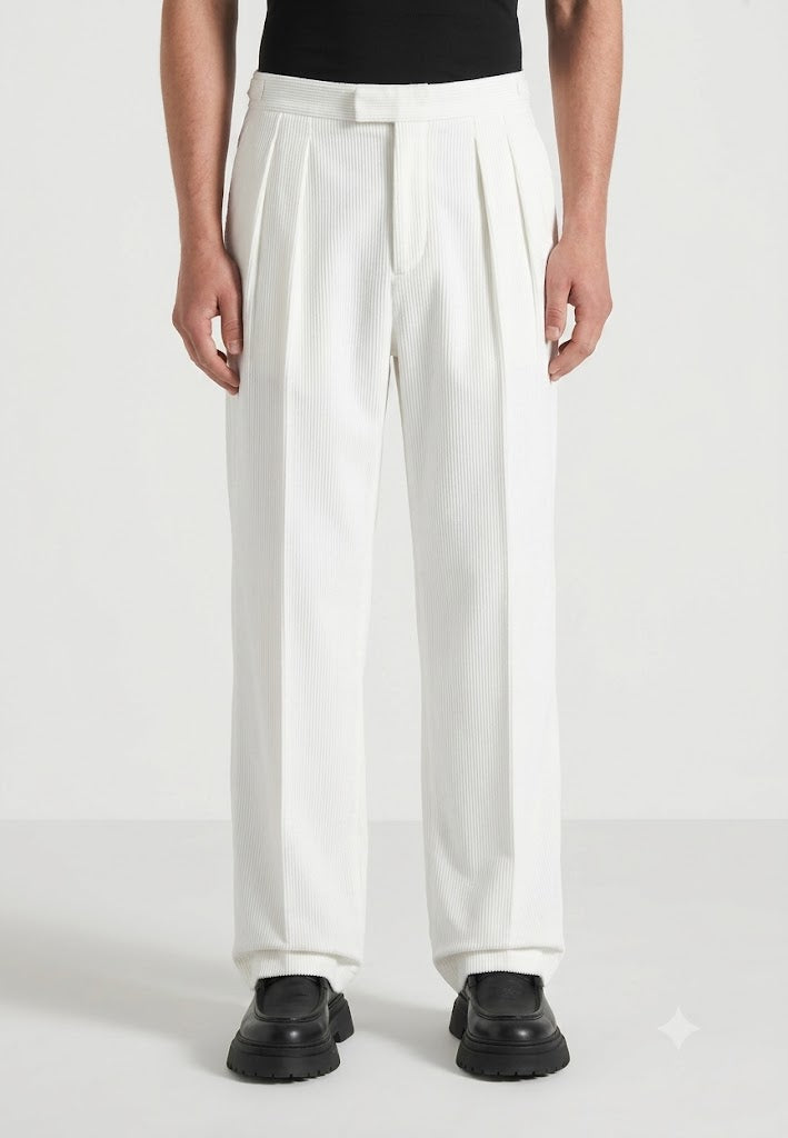 White Two Pleated Relaxed Fit Corduroy Trouser by Emporeo