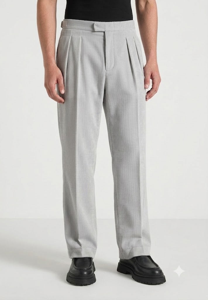 Light Grey Two Pleated Relaxed Fit Corduroy Trouser by Emporeo