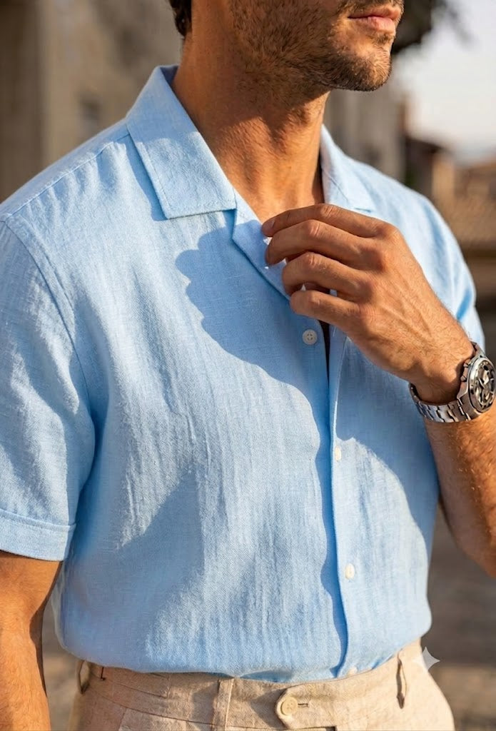 Men's Sky Blue Linen Cuban Collar Shirt – Premium Resort Fit Linen Shirt