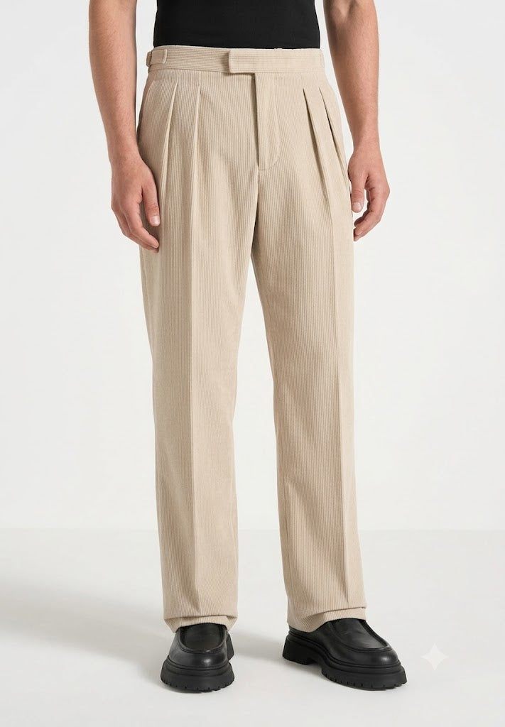 Beige Two Pleated Relaxed Fit Corduroy Trouser by Emporeo