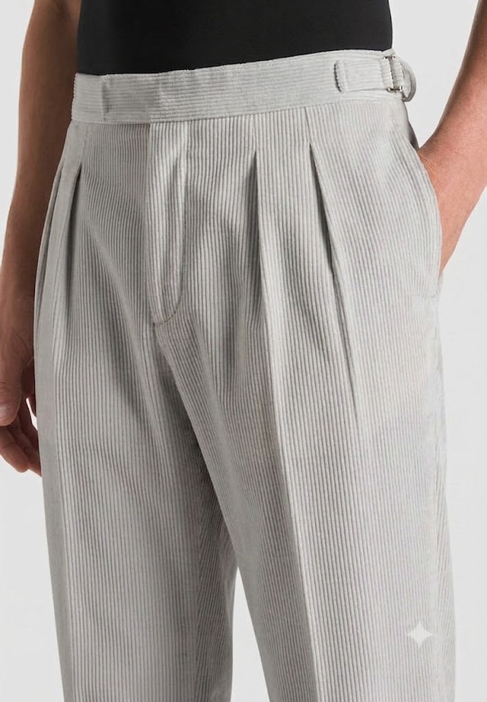 Light Grey Two Pleated Relaxed Fit Corduroy Trouser by Emporeo
