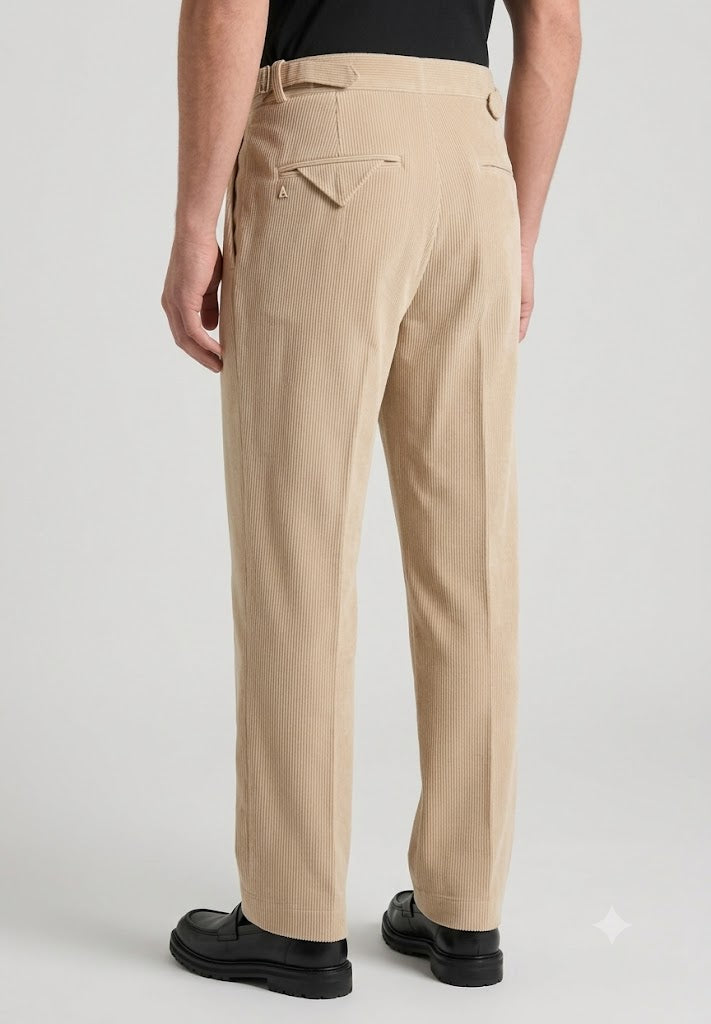 Beige Two Pleated Relaxed Fit Corduroy Trouser by Emporeo