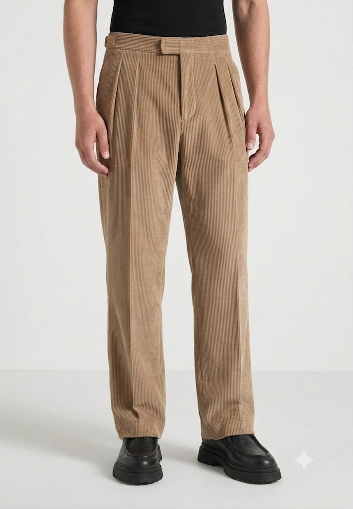 Brown Two Pleated Relaxed Fit Corduroy Trouser by Emporeo