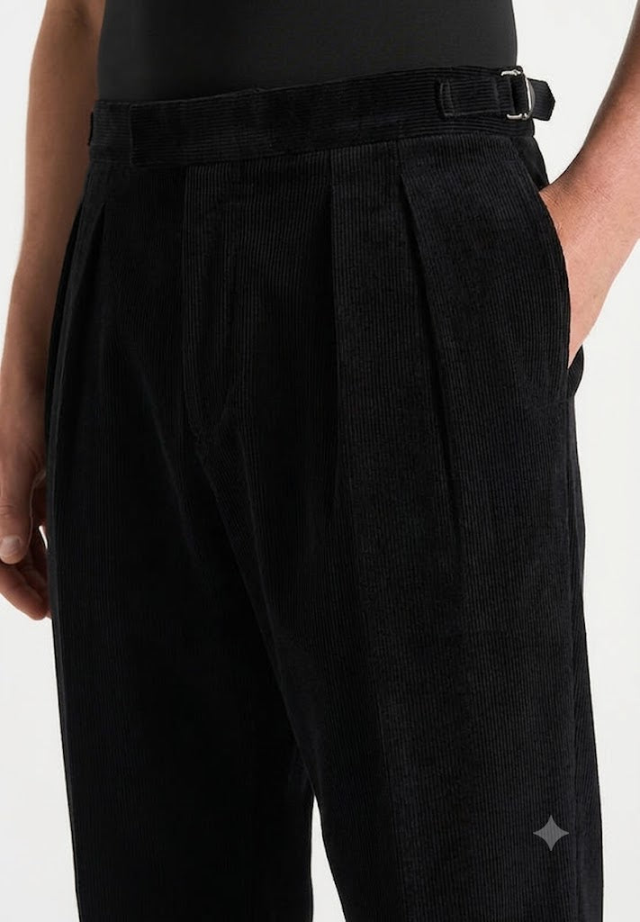 Black Two Pleated Relaxed Fit Corduroy Trouser by Emporeo