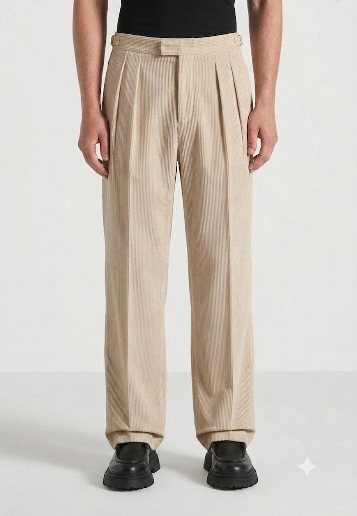 Beige Two Pleated Relaxed Fit Corduroy Trouser by Emporeo
