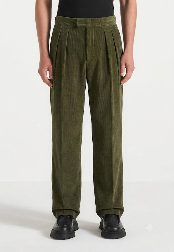 Olive Two Pleated Relaxed Fit Corduroy Trouser by Emporeo