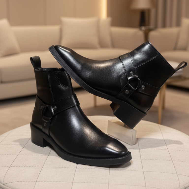 Black leather boots on a round white table with a neutral background