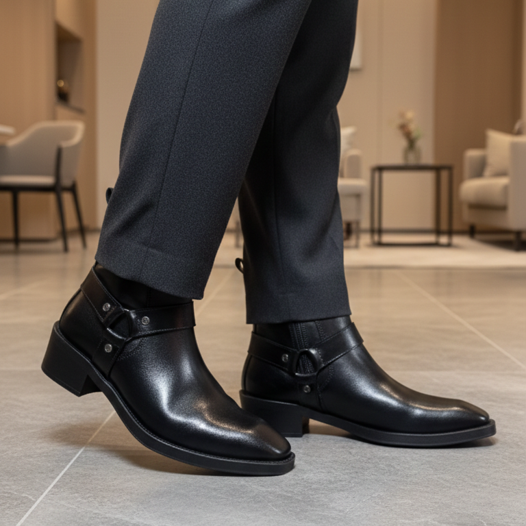 Black dress shoes worn with a suit in an indoor setting