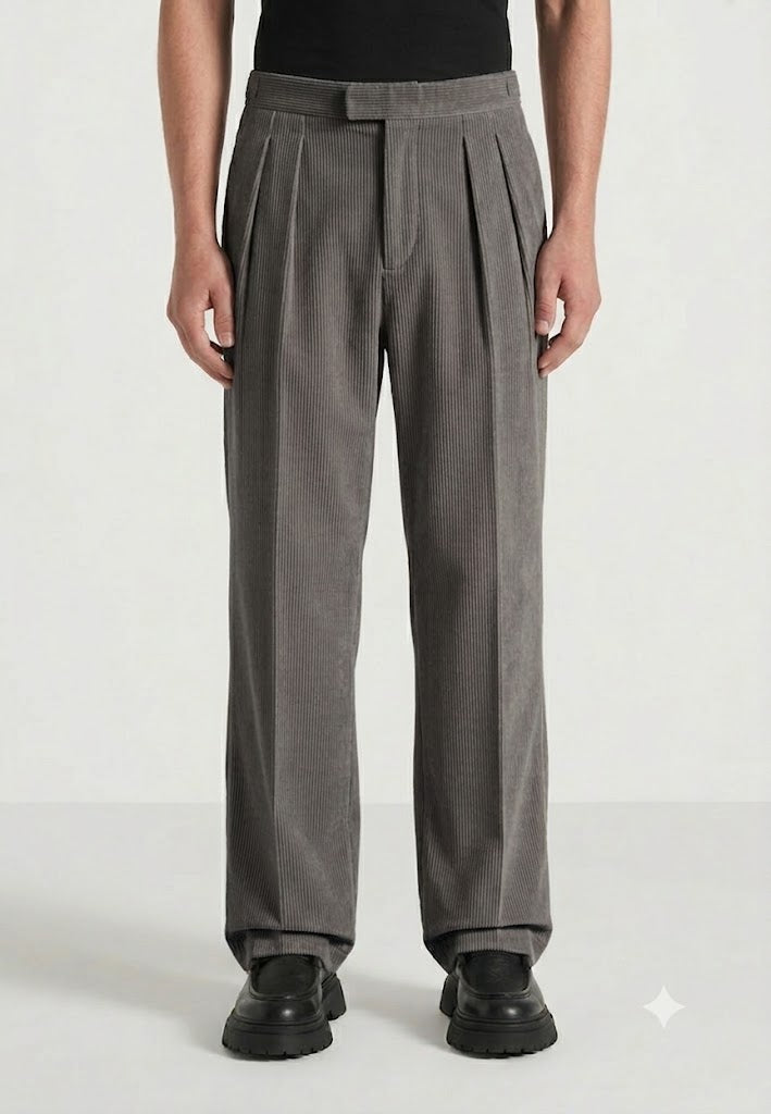Dark Grey Two Pleated Relaxed Fit Corduroy Trouser by Emporeo