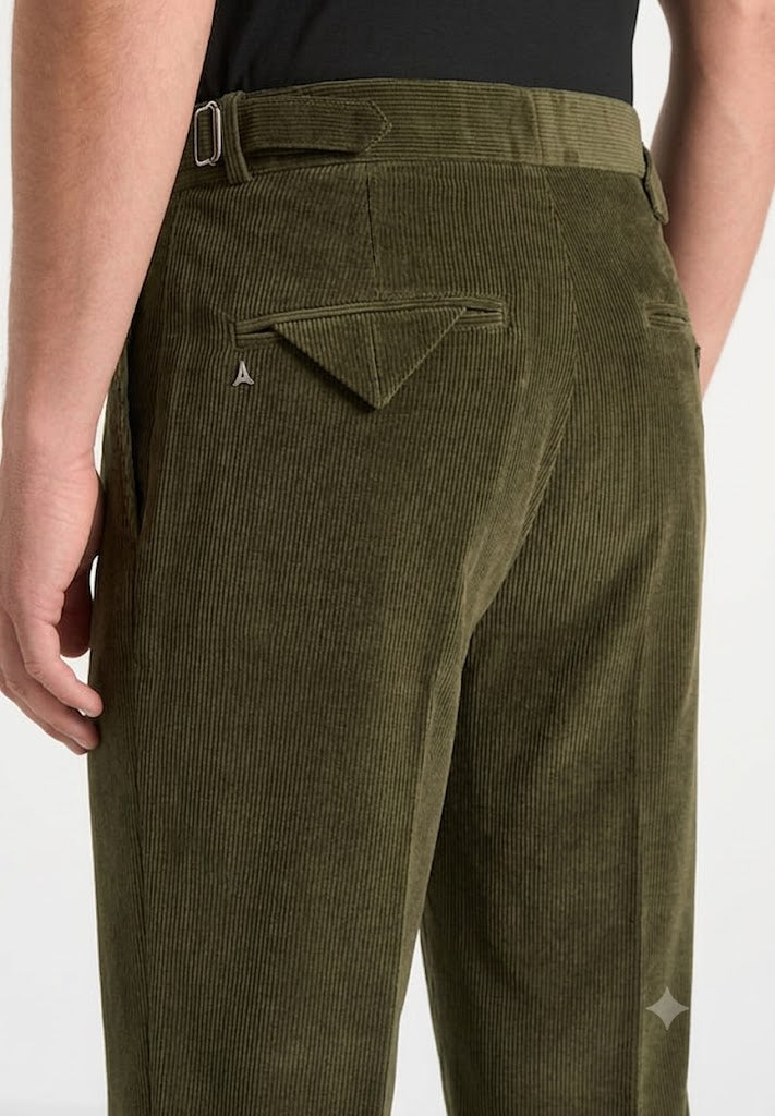 Olive Two Pleated Relaxed Fit Corduroy Trouser by Emporeo