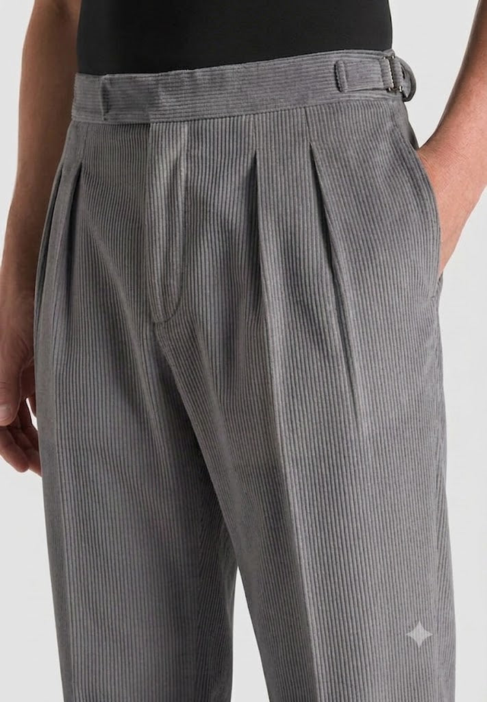 Dark Grey Two Pleated Relaxed Fit Corduroy Trouser by Emporeo