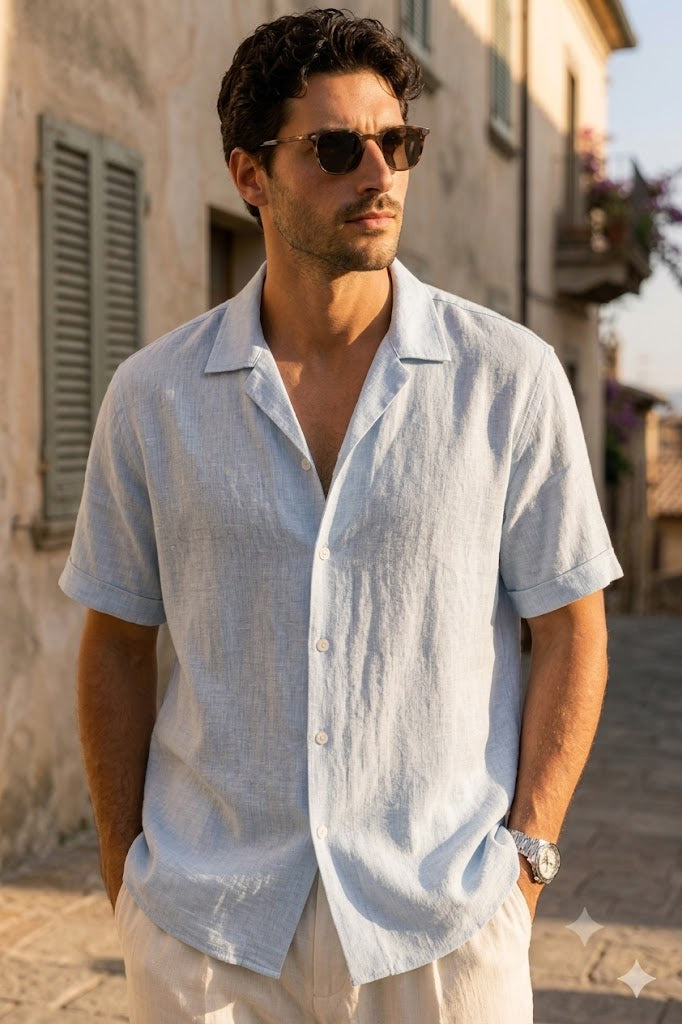 Men's Sky Blue Linen Cuban Collar Shirt – Premium Resort Fit Linen Shirt