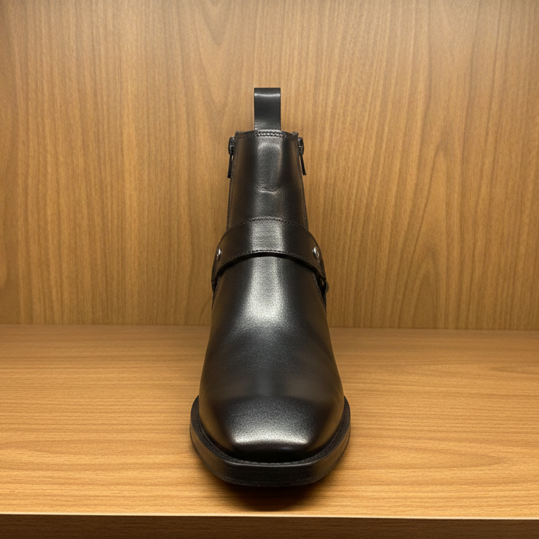 Emporeo Genuine Leather Harness Ankle Boots – Classic Black