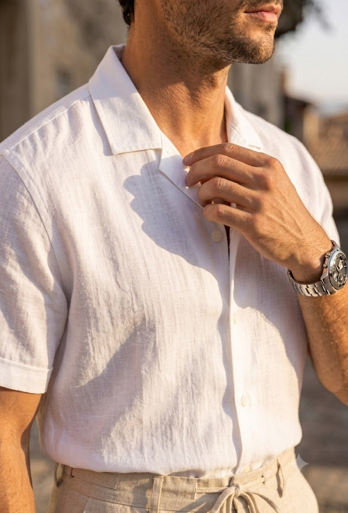 Men's White Linen Cuban Collar Shirt – Premium Resort & Beach Linen Shirt