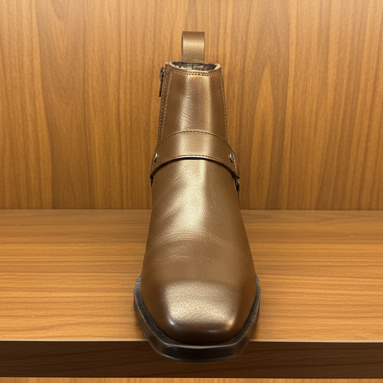 Emporeo Genuine Leather Harness Ankle Boots – Classic Brown