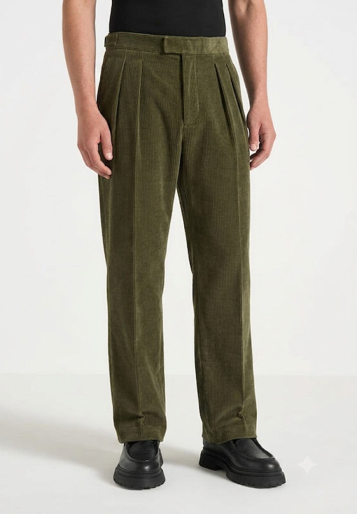 Olive Two Pleated Relaxed Fit Corduroy Trouser by Emporeo