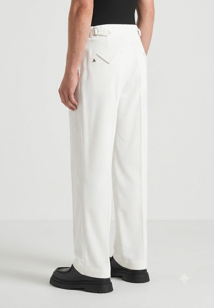 White Two Pleated Relaxed Fit Corduroy Trouser by Emporeo