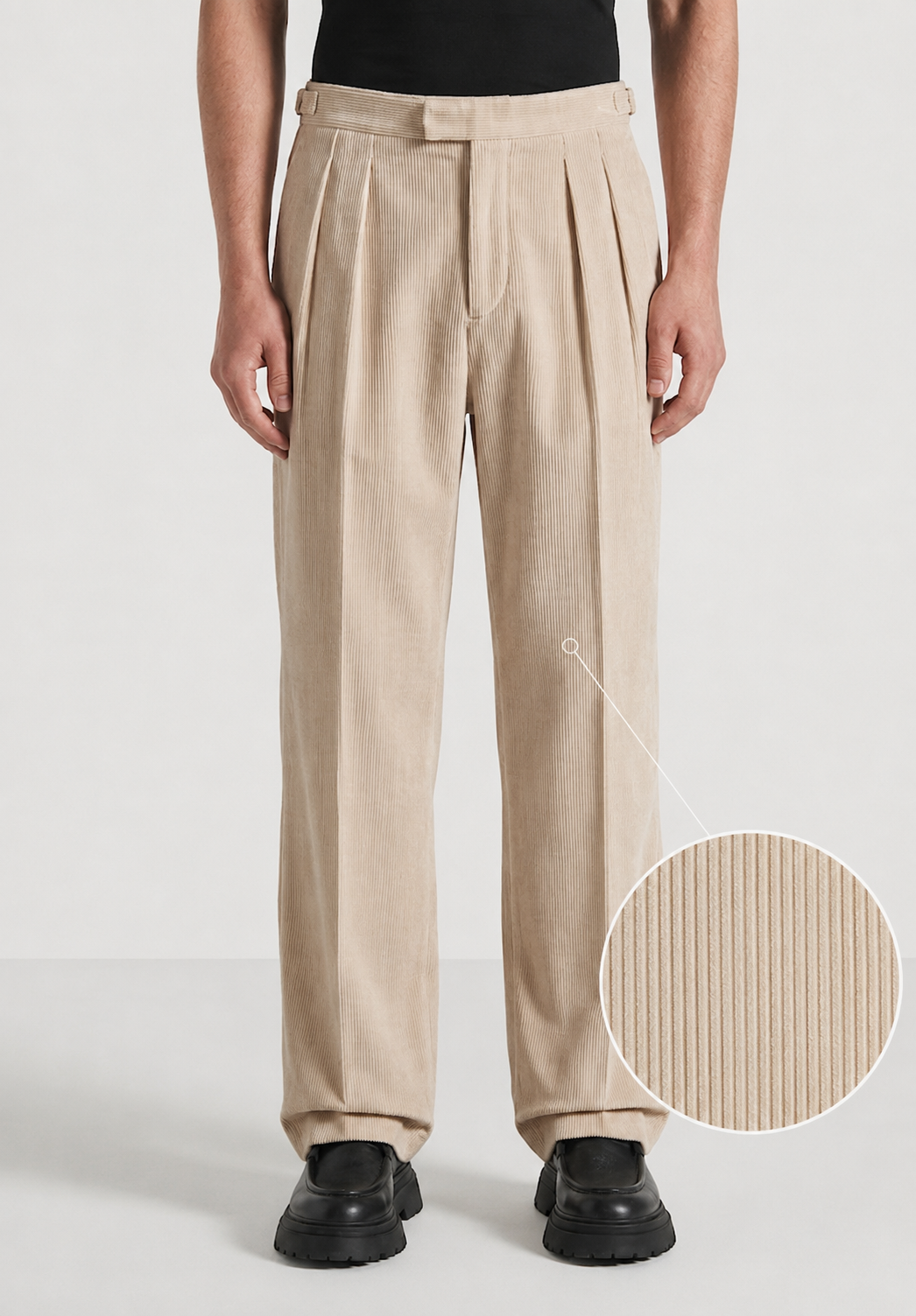 Beige Two Pleated Relaxed Fit Corduroy Trouser by Emporeo