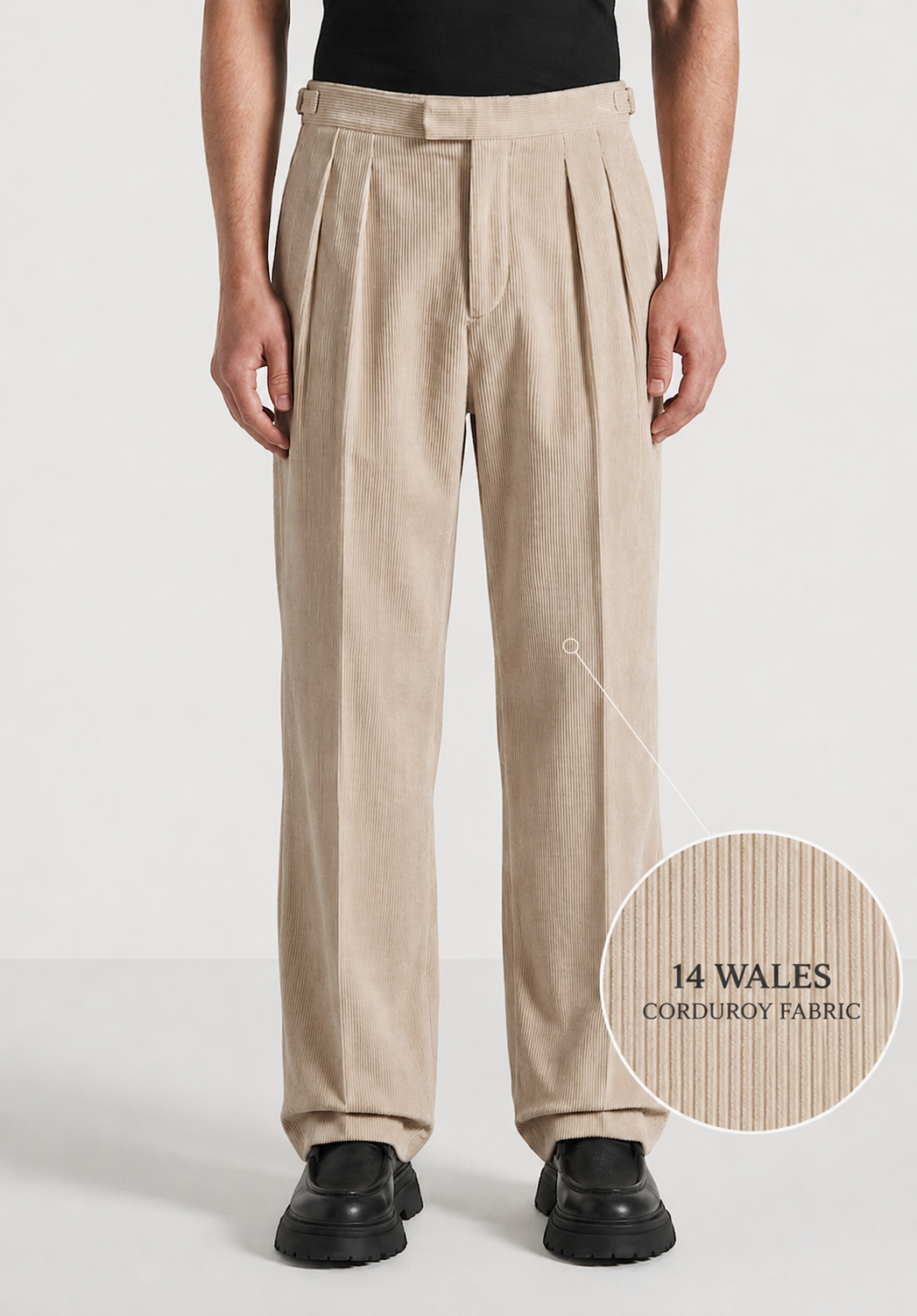 Beige Two Pleated Relaxed Fit Corduroy Trouser by Emporeo