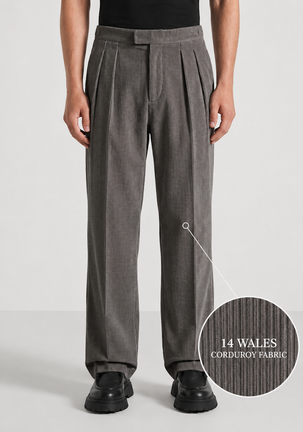 Dark Grey Two Pleated Relaxed Fit Corduroy Trouser by Emporeo