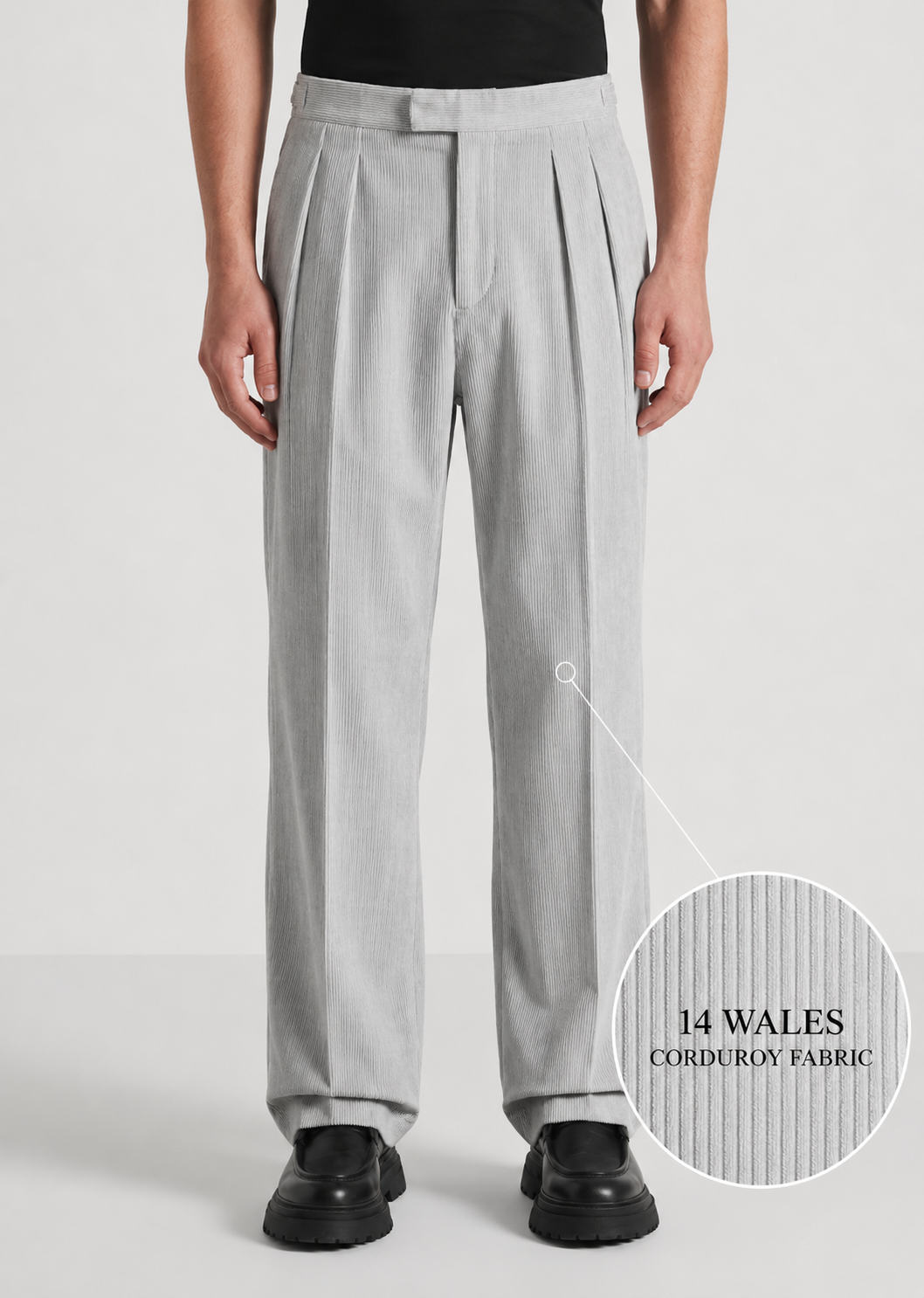Light Grey Two Pleated Relaxed Fit Corduroy Trouser by Emporeo