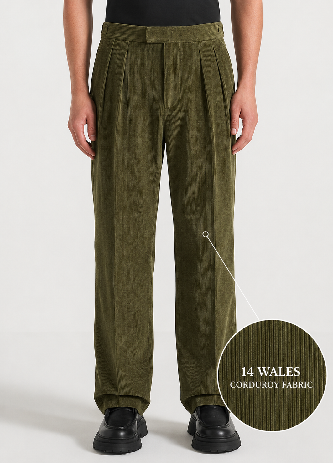 Olive Two Pleated Relaxed Fit Corduroy Trouser by Emporeo