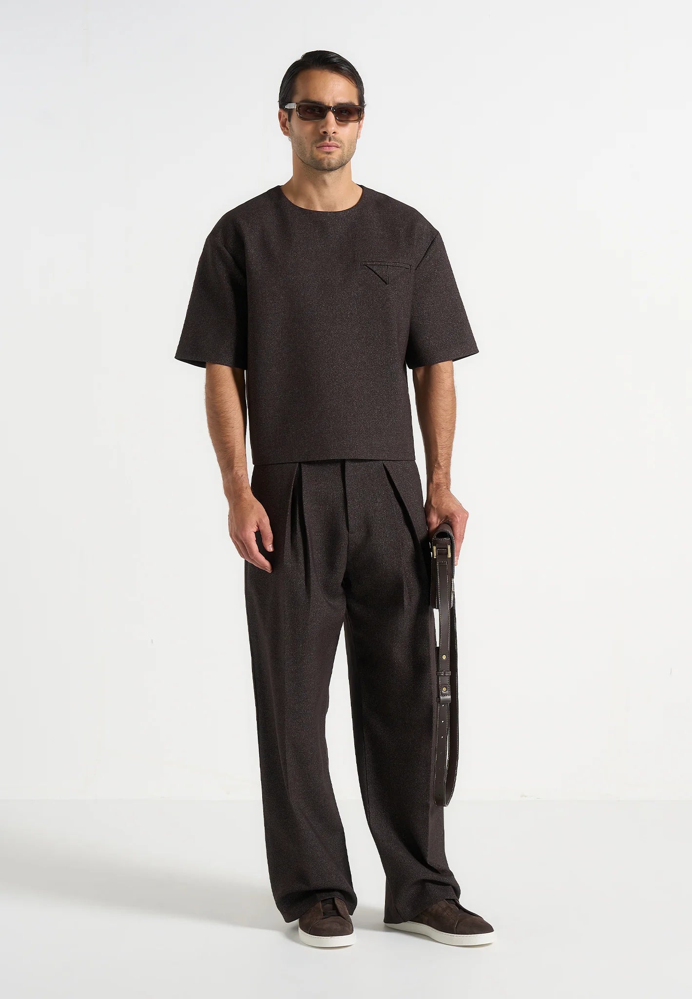 Brown Box Pleat Wide Leg Trousers By Emporeo