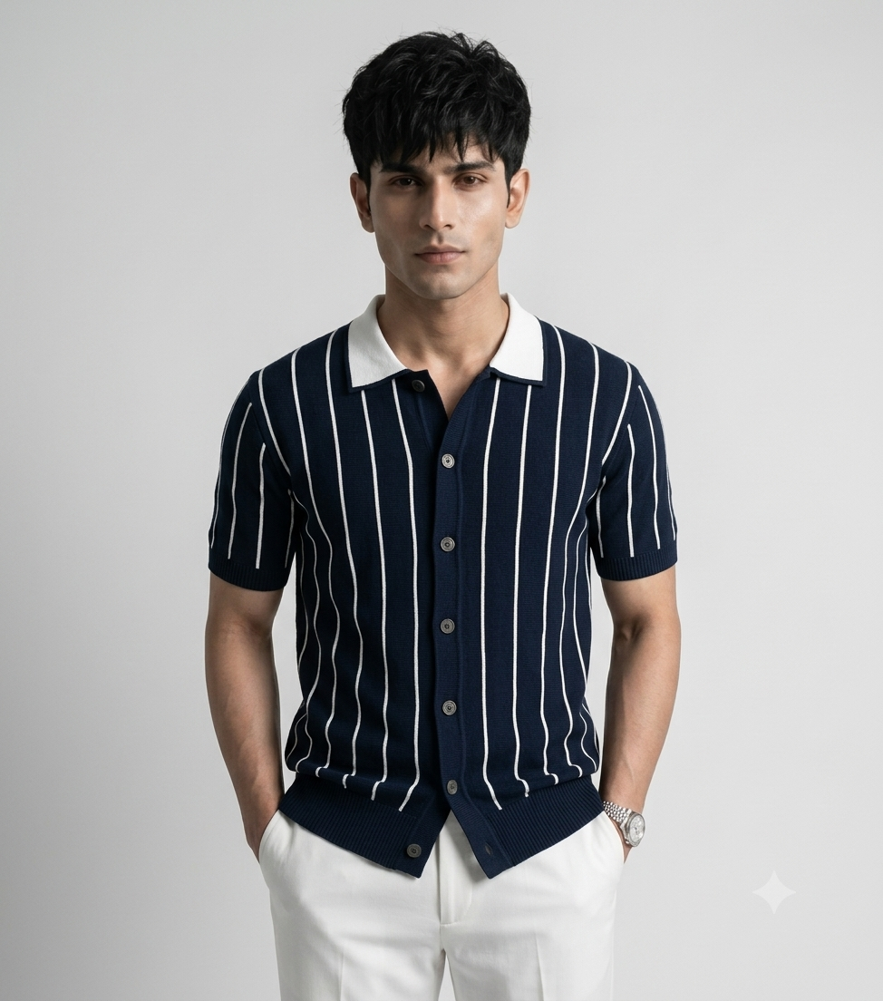 Blue Stripe Button Up Knit Polo by Emporeo