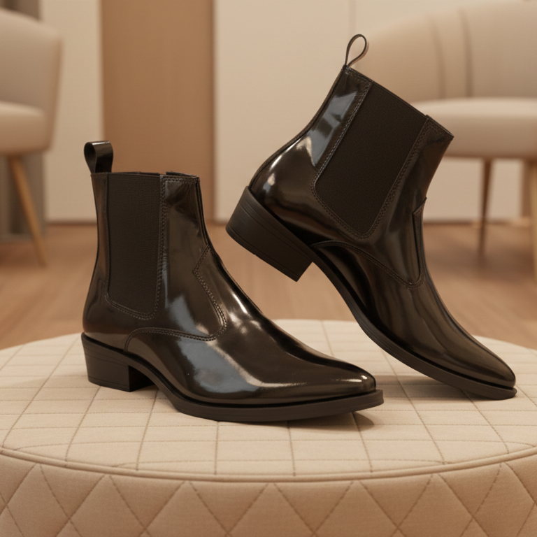 Black shiny boots on a white stool with a blurred background of chairs.