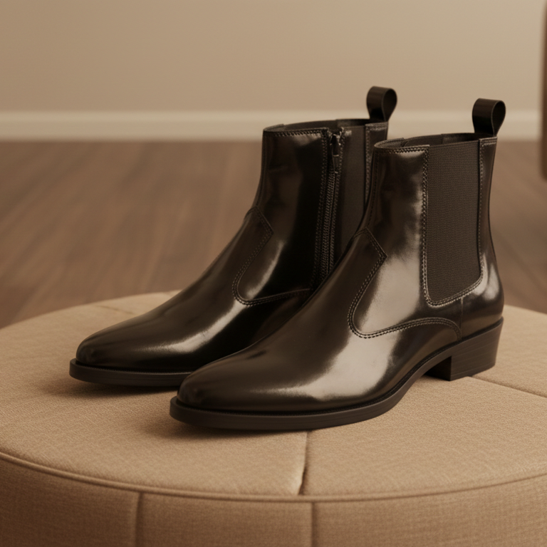 Pair of black Chelsea boots on a beige ottoman in a room with wooden flooring and beige chairs.