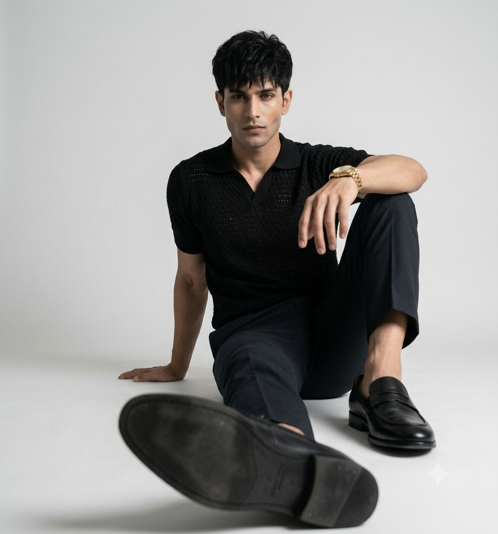 Black Weave Knit Polo by Emporeo