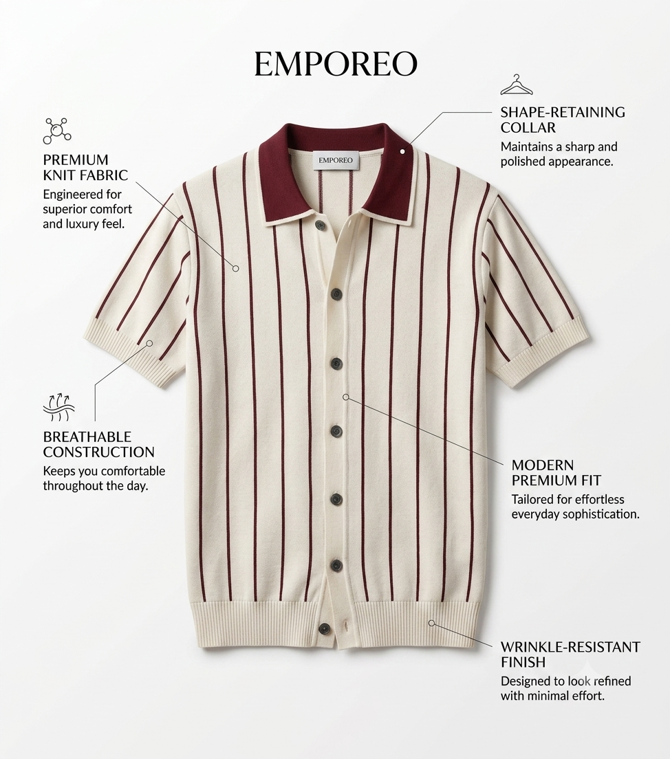 White Stripe Button Up Knit Polo by Emporeo