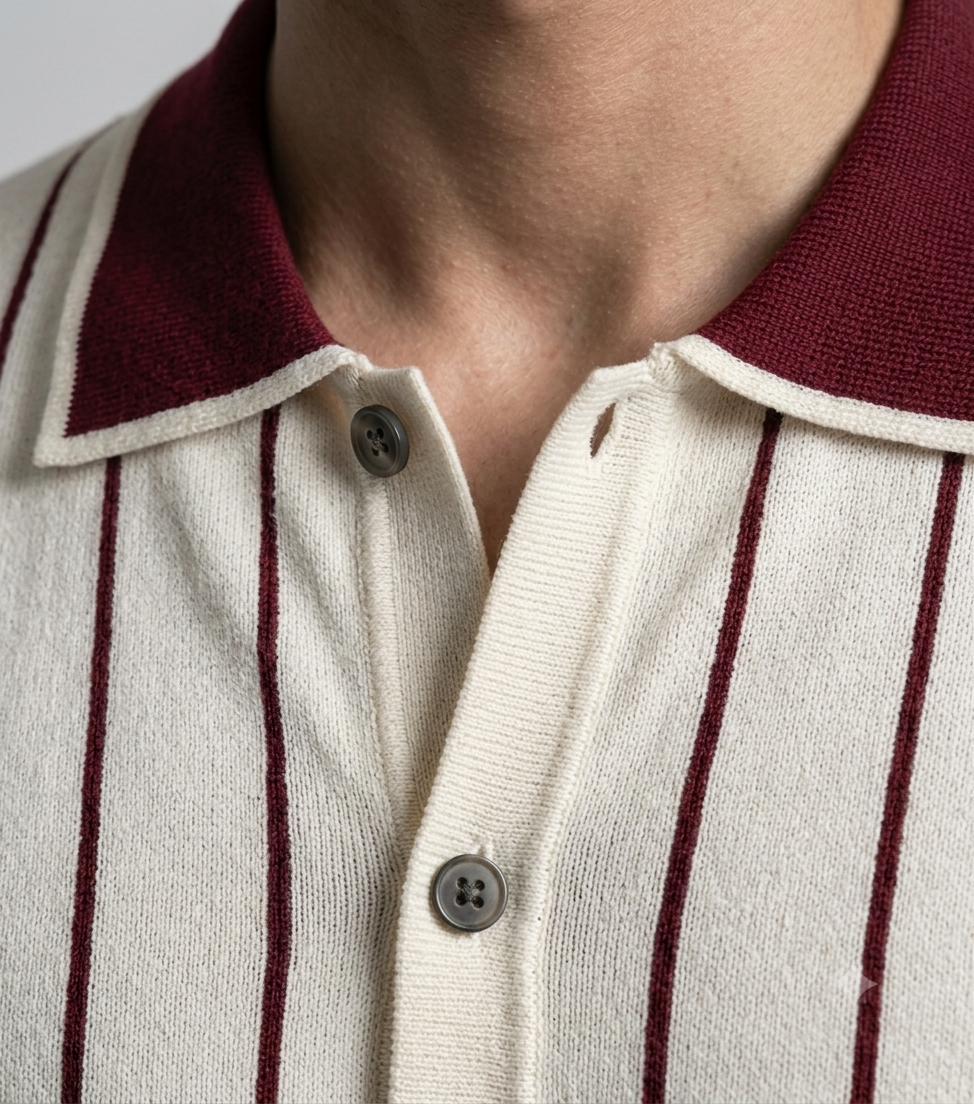 White Stripe Button Up Knit Polo by Emporeo