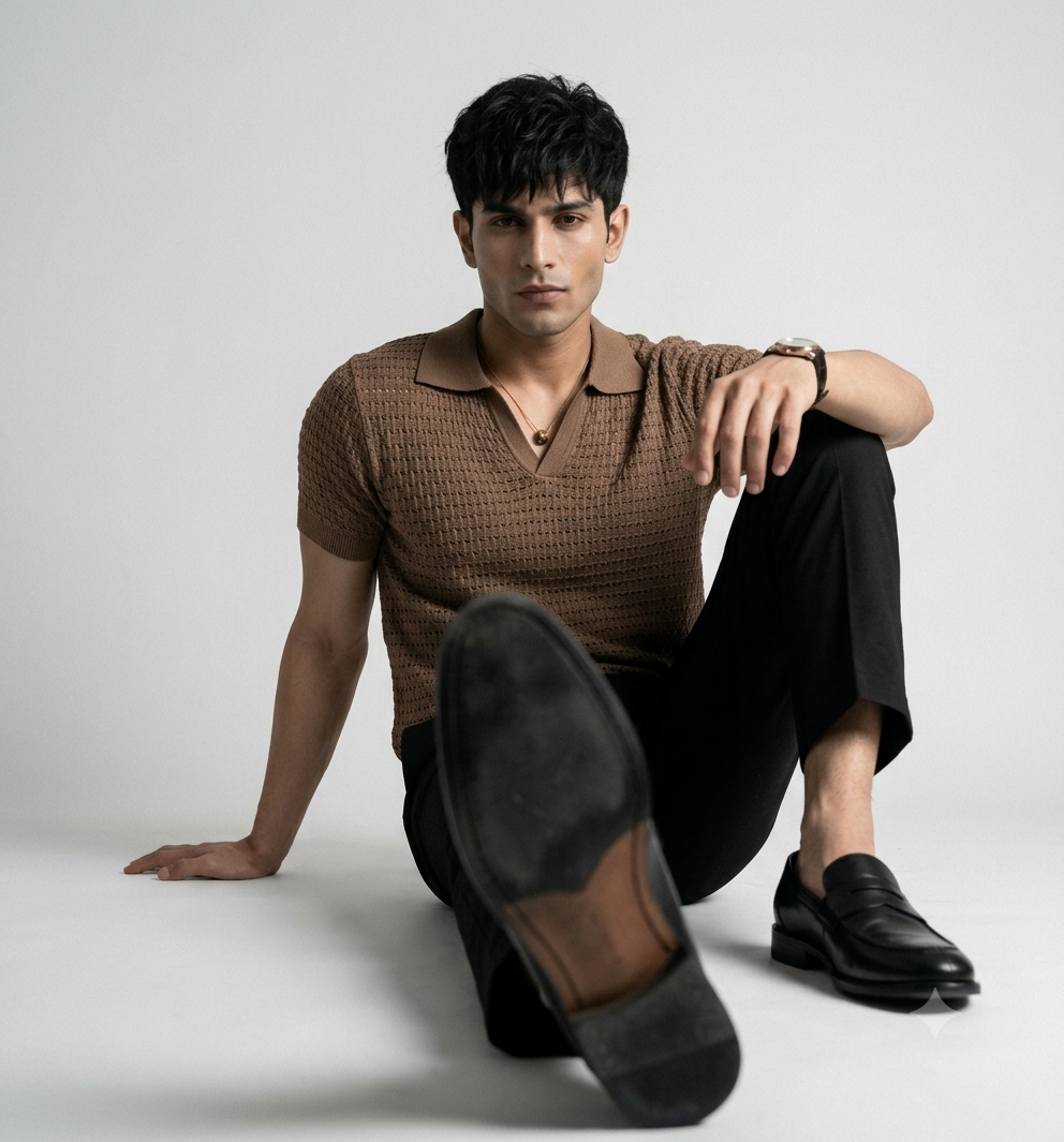 Brown Weave Knit Polo by Emporeo