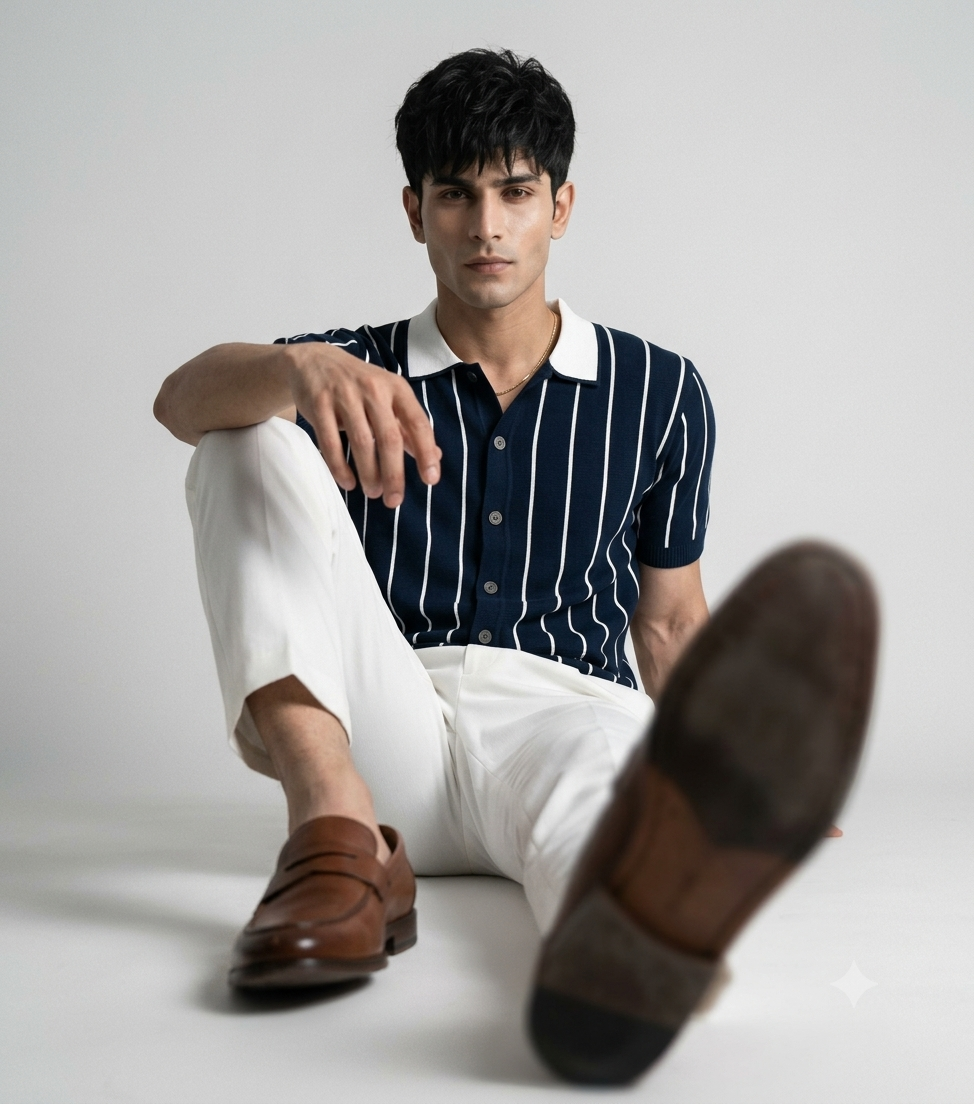 Blue Stripe Button Up Knit Polo by Emporeo