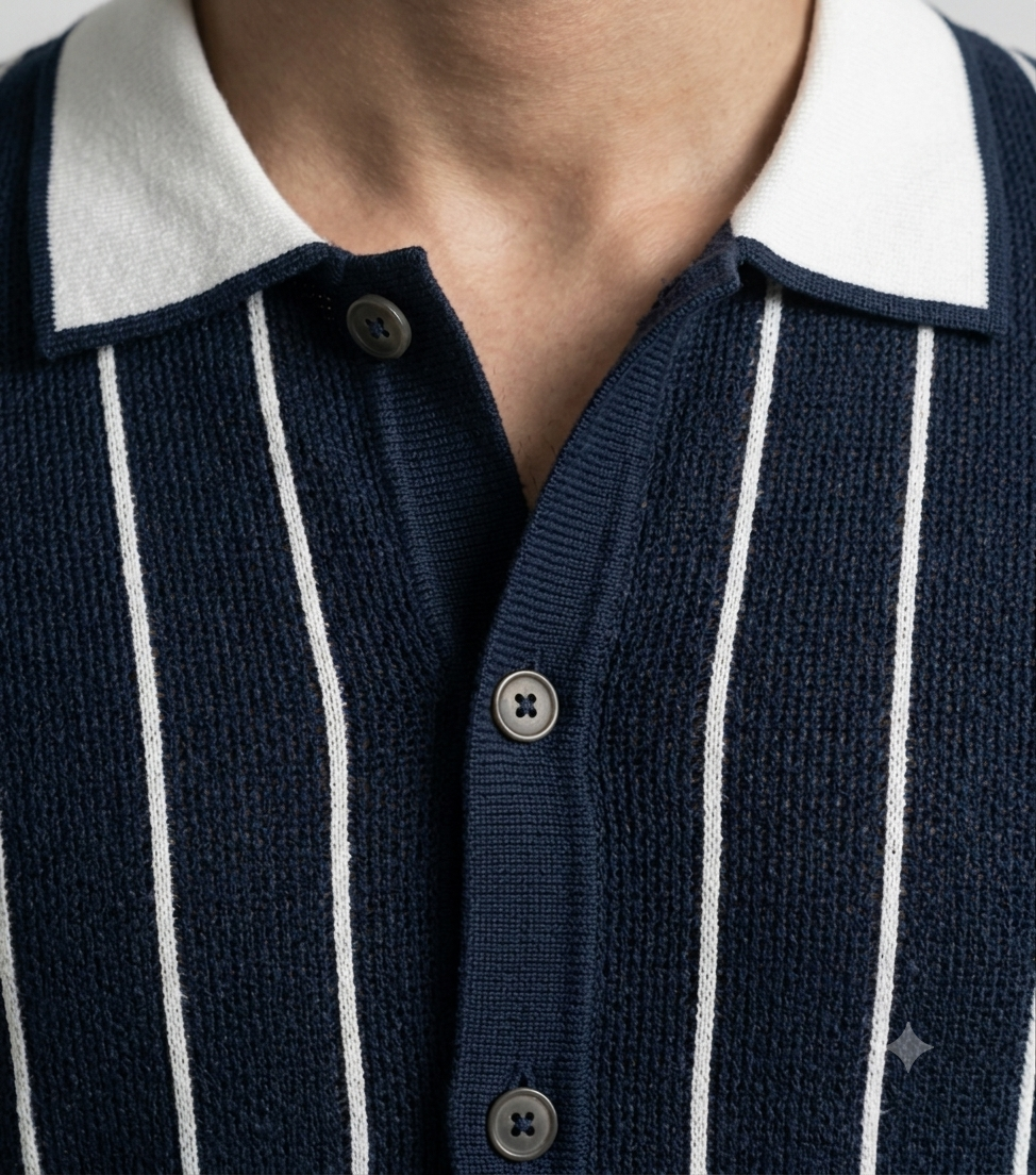 Blue Stripe Button Up Knit Polo by Emporeo