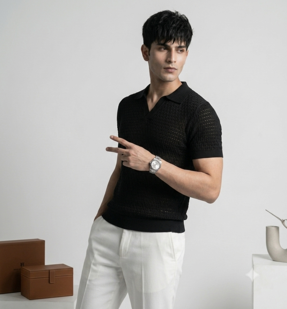 Black Weave Knit Polo by Emporeo
