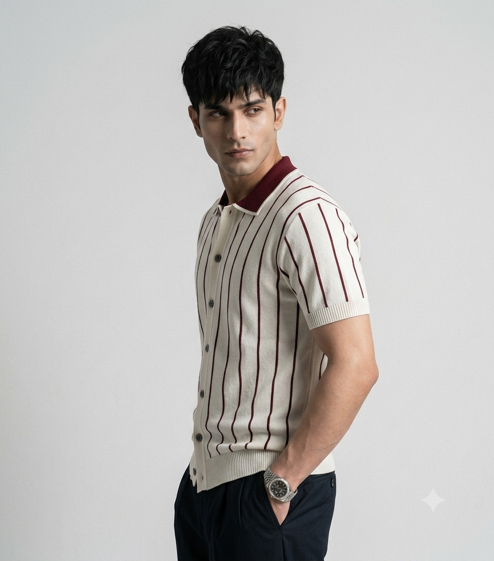 White Stripe Button Up Knit Polo by Emporeo